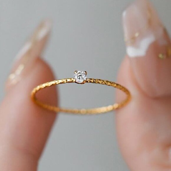 3/$35 Gold Dainty Textured Titanium Band Ring Solitaire Diamond Cubic Zirconia - Picture 6 of 6